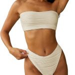Women Strapless Textured Bandeau Bikini 2 Piece Swimwear Cheeky Solid Lace up Bathing Suits