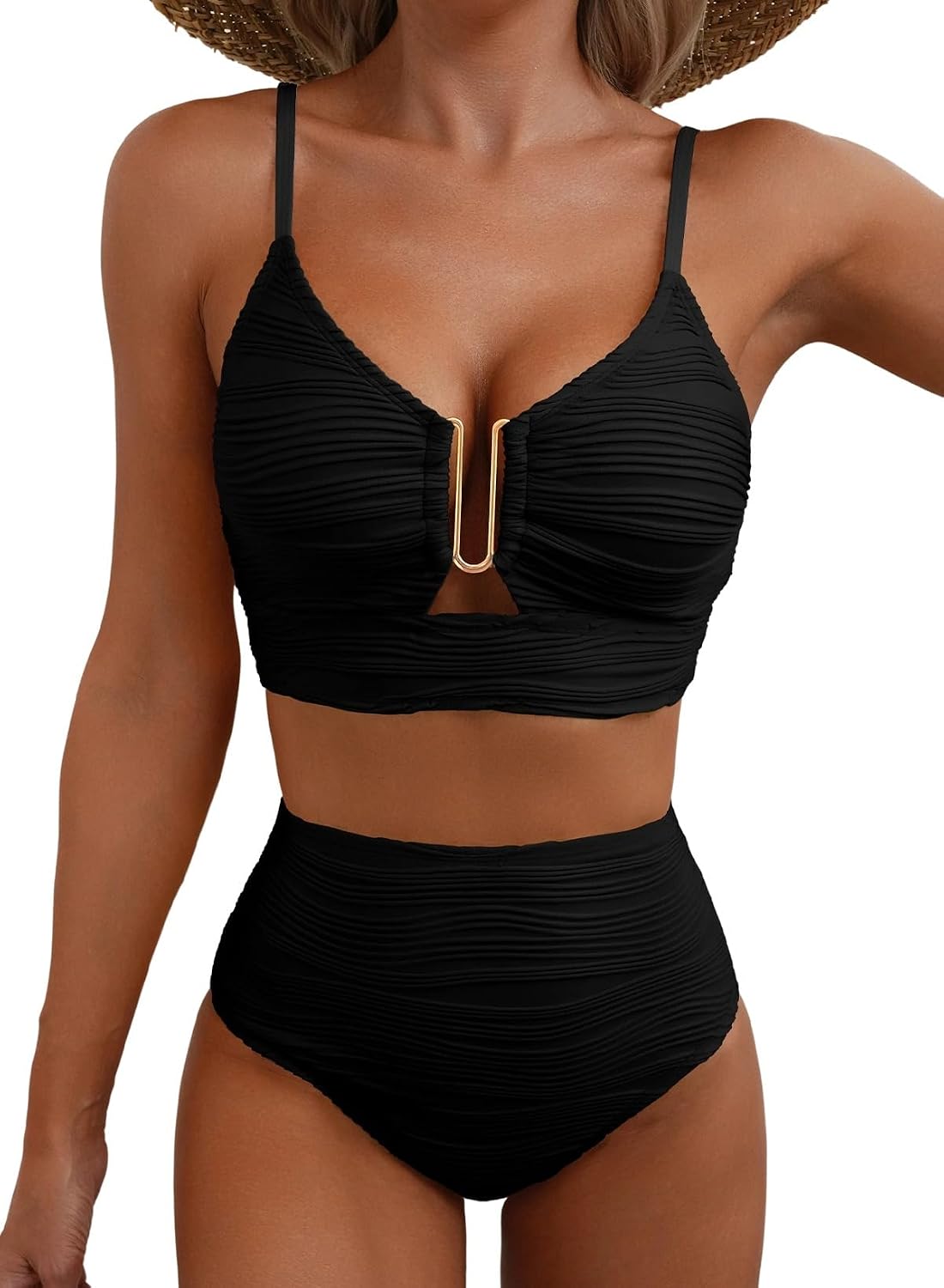 61qJ-hePnJL._AC_SL1500_.jpg 2 Piece Bikini Set U-Wire Cutout Popular Swimsuit High Waisted Textured Summer Beach Swim Bathing Suits - Image 1