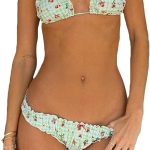 Y2K Cute Thong Bikini Sets for Women Floral Print Halter Neck Two Piece Triangle Swimsuits Sexy Boho Bathing Suit