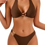 Women's Halter V Neck Bikini Sets Ring Linked Two Piece Swimsuit Cheeky Swim Bathing Suit