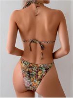 Women's 2 Piece Leopard Floral Bikini Sets Ring Triangle Halter Bathing Suit Tie Back Swimsuit - Image 2