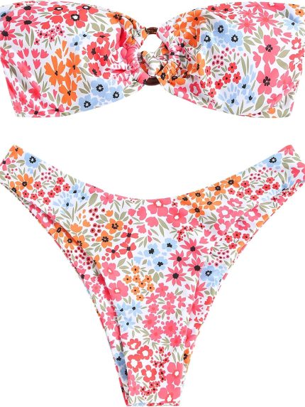 Women's Bandeau Bikini O Ring Strapless Tie Back High Cut Two Piece Swimsuit Bathing Suits