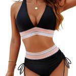 Women High Waisted Bikini Sets Tummy Control Swimsuits Color Block Two Piece Drawstring Bathing Suit