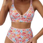 Women's 2 Piece Floral Print Bikini Sets V Neck Stitch Swimsuits High Waisted Bathing Suit Beach Summer Swimwear
